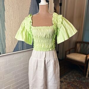 Zara Green Ruffle Statement Sleeve Ruched Blouse